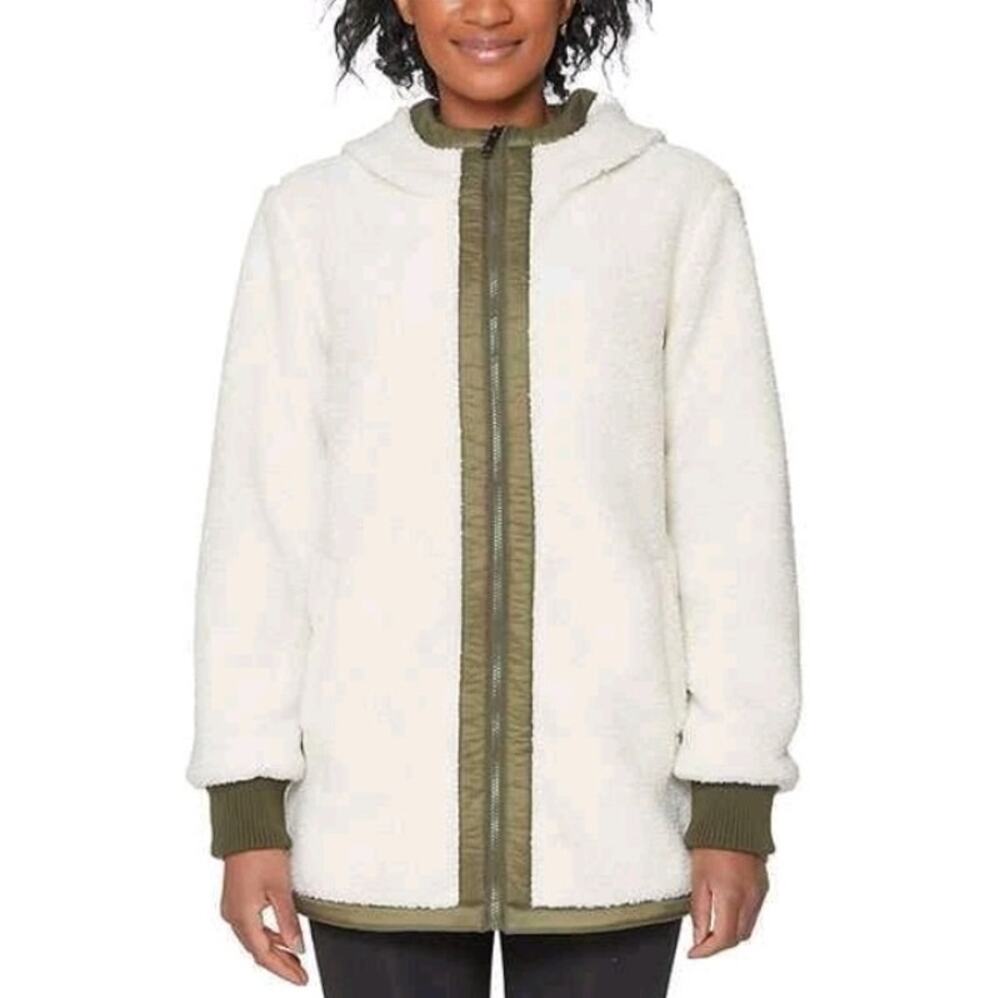 1 Madison Expedition Women's Cream Green  Hooded Full Zip Sherpa Jacket Coat XL